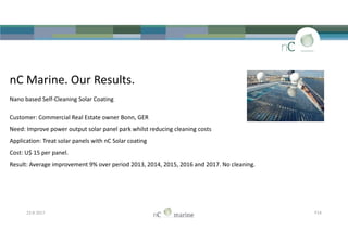 nC Marine. Our Results.
Nano based Self-Cleaning Solar Coating
Customer: Commercial Real Estate owner Bonn, GER
Need: Improve power output solar panel park whilst reducing cleaning costs
Application: Treat solar panels with nC Solar coating
Cost: U$ 15 per panel.
Result: Average improvement 9% over period 2013, 2014, 2015, 2016 and 2017. No cleaning.
nC Marine. Our Results.
Nano based Self-Cleaning Solar Coating
Customer: Commercial Real Estate owner Bonn, GER
Need: Improve power output solar panel park whilst reducing cleaning costs
Application: Treat solar panels with nC Solar coating
Cost: U$ 15 per panel.
Result: Average improvement 9% over period 2013, 2014, 2015, 2016 and 2017. No cleaning.
23-8-2017 P14
 