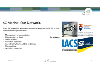 nC Marine. Our Network.
To get the max out for all our end-users in the world, we do all this in close
harmony and cooperation with:
• Manufacturers of nanoparticles;
• Manufacturers of fluids; For instance:
• Chemical plants;
• Innovation Platforms;
• Innovative Multinational End-customers;
• Municipalities;
• Certifying Class Bodies.
nC Marine. Our Network.
To get the max out for all our end-users in the world, we do all this in close
harmony and cooperation with:
• Manufacturers of nanoparticles;
• Manufacturers of fluids; For instance:
• Chemical plants;
• Innovation Platforms;
• Innovative Multinational End-customers;
• Municipalities;
• Certifying Class Bodies.
23-8-2017 P5
 