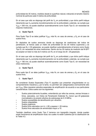 NCh433
9
profundidad de 30 metros, medidos desde la superficie natural, indicando el tamaño máximo
nominal de partícula cada 5 metros de profundidad.
En el caso que sólo se disponga del perfil de Vs en profundidad y que dicho perfil indique
claramente que Vs aumenta monotónicamente con la profundidad y además, se cumple que
Vs30 > 350 m/s, se puede clasificar automáticamente como Suelo Tipo D, sin necesidad de
mayores mediciones.
d) Suelo Tipo D.
Para Suelo Tipo D se debe justificar Vs30, más N1 en caso de arenas, y Su en el caso de
suelos finos.
En depósitos de suelos arenosos donde se disponga de mediciones del índice de
penetración, al menos cada un metro de profundidad en los 30 metros superiores y se
cumpla que N1 ≥ 30 golpes/pie, se puede clasificar automáticamente el terreno como Suelo
Tipo D, sin necesidad de otras mediciones. Dentro de los 30 metros de medición del N-SPT
se aceptan en total no más de 5 metros con N1 en el rango de 20 - 29 golpes/pie.
En el caso que sólo se disponga del perfil de Vs en profundidad y que dicho perfil indique
claramente que Vs aumenta monotónicamente con la profundidad y además, se cumple que
Vs30 > 180 m/s, se puede clasificar automáticamente como Suelo Tipo E, sin necesidad de
otras mediciones.
e) Suelo Tipo E.
Para suelo tipo E se debe justificar Vs30, más N1 en caso de arenas y Su en el caso de
suelos finos.
f) Suelo Tipo F.
Se consideran Suelos Especiales (Tipo F) aquellos que presentan singularidades en su
comportamiento mecánico y, por lo tanto, no permiten ser categorizados sísmicamente sólo
por Vs30. Ellos requieren estudios especiales de amplificación de acuerdo a sus particulares
características. Estos suelos son los siguientes:
- Suelos potencialmente licuables, entendiendo por ellos las arenas, arenas limosas o
limos, saturados, con Índice de Penetración Estándar N1 menor que 20 golpes/pie
(normalizado a la presión efectiva de sobrecarga de 0,10 MPa).
- Suelos susceptibles de densificación por vibración.
- Suelos colapsables.
- Suelos orgánicos.
- Suelos finos saturados con LL > 80 y espesor > 20 metros.
- Suelos finos saturados de sensitividad mayor a 10.
También clasifican como Suelo Tipo F terrenos con topografía irregular, donde pueden
existir fenómenos de amplificación local, los cuales no están cubiertos por la clasificación de
la Tabla 4.2.
 