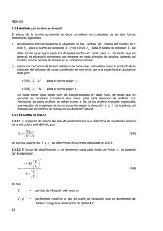 NCh433
32
6.3.4 Análisis por torsión accidental
El efecto de la torsión accidental se debe considerar en cualquiera de las dos formas
alternativas siguientes:
a) desplazando transversalmente la ubicación de los centros de masas del modelo en ±
0,05 ky
b para el sismo de dirección X , y en ± 0,05 kx
b para el sismo de dirección Y . Se
debe tomar igual signo para los desplazamientos en cada nivel k , de modo que en
general, es necesario considerar dos modelos en cada dirección de análisis, además del
modelo con los centros de masas en su ubicación natural;
b) aplicando momentos de torsión estáticos en cada nivel, calculados como el producto de la
variación del esfuerzo de corte combinado en ese nivel, por una excentricidad accidental
dada por:
H
Z
b k
ky /
1
,
0
 para el sismo según X ;
H
Z
b k
kx /
1
,
0
 para el sismo según Y .
Se debe tomar igual signo para las excentricidades en cada nivel, de modo que en
general, es necesario considerar dos casos para cada dirección de análisis. Los
resultados de estos análisis se deben sumar a los de los análisis modales espectrales
que resultan de considerar el sismo actuando según la dirección X o Y de la planta, del
modelo con los centros de masas en su ubicación natural.
6.3.5 Espectro de diseño
6.3.5.1 El espectro de diseño de pseudo-aceleraciones que determina la resistencia sísmica
de la estructura está definido por:
)
/
( *
I
R
SA
S o
a

 (6-8)
en que los valores del I y o
A se determinan en la forma estipulada en 6.2.3.
6.3.5.2 El factor de amplificación  se determina para cada modo de vibrar n , de acuerdo
con la expresión:
3
1
5
,
4
1



















o
n
p
o
n
T
T
T
T
 (6-9)
en que:
n
T = período de vibración del modo n ;
p
To, = parámetros relativos al tipo de suelo de fundación que se determinan de
Tabla 6.3 según la clasificación de Tabla 4.2.
 