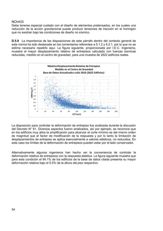 NCh433
54
Debe tenerse especial cuidado con el diseño de elementos pretensados, en los cuales una
reducción de la acción gravitacional puede producir tensiones de tracción en el hormigón
que no existían bajo las condiciones de diseño no sísmico.
D.5.9 La importancia de las disposiciones de este párrafo dentro del contexto general de
esta norma ha sido destacada en los comentarios referentes a 5.1.2 y 6.2.1, por lo que no se
estima necesario repetirlo aquí. La figura siguiente, proporcionada por I.E.C. Ingeniería,
muestra el mayor desplazamiento relativo de entrepisos calculado con fuerzas sísmicas
reducidas, medido en el centro de gravedad, para una muestra de 2622 edificios reales.
0
0,2
0,4
0,6
0,8
1
1,2
1,4
1,6
1,8
2
0 20 40 60 80 100 120 140 160 180 200
1000
cg
/
h
H/T(m/s)
MáximoDesplazamientoRelativo de Entrepiso
Medido en el Centro de Gravedad
Base de Datos Actualizadaa Julio 2010 (2622 Edificios)
La disposición para controlar la deformación de entrepiso fue analizada durante la discusión
del Decreto N° 61. Diversos aspectos fueron analizados, así por ejemplo, se reconoce que
en los edificios muy altos la amplificación para alcanzar el corte mínimo es del mismo orden
de magnitud que el factor de modificación de la respuesta y por lo tanto la limitación de
desplazamientos de entrepiso se aplica esencialmente a valores elásticos, no reducidos. En
este caso los límites de la deformación de entrepisos pueden estar por el lado conservador.
Alternativamente algunos ingenieros han hecho ver la conveniencia de controlar la
deformación relativa de entrepisos con la respuesta elástica. La figura siguiente muestra que
para esta condición el 94.1% de los edificios de la base de datos citada presenta su mayor
deformación relativa bajo el 0.5% de la altura del piso respectivo.
 