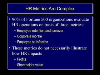 HHHHRRRR MMMMeeeettttrrrriiicicccssss AAAArrrreeee CCCCoooommmmppppllleleeexxxx 
• 9900%% ooff FFoorrttuunnee 550000 oorrggaanniizzaattiioonnss eevvaalluuaattee 
HHRR ooppeerraattiioonnss oonn bbaassiiss ooff tthhrreeee mmeettrriiccss:: 
– EEmmppllooyyeeee rreetteennttiioonn aanndd ttuurrnnoovveerr 
– CCoorrppoorraattee mmoorraallee 
– EEmmppllooyyeeee ssaattiissffaaccttiioonn 
• TThheessee mmeettrriiccss ddoo nnoott nneecceessssaarriillyy iilllluussttrraattee 
hhooww HHRR iimmppaaccttss 
– PPrrooffiittss 
– SShhaarreehhoollddeerr vvaalluuee 
• 9900%% ooff FFoorrttuunnee 550000 oorrggaanniizzaattiioonnss eevvaalluuaattee 
HHRR ooppeerraattiioonnss oonn bbaassiiss ooff tthhrreeee mmeettrriiccss:: 
– EEmmppllooyyeeee rreetteennttiioonn aanndd ttuurrnnoovveerr 
– CCoorrppoorraattee mmoorraallee 
– EEmmppllooyyeeee ssaattiissffaaccttiioonn 
• TThheessee mmeettrriiccss ddoo nnoott nneecceessssaarriillyy iilllluussttrraattee 
hhooww HHRR iimmppaaccttss 
– PPrrooffiittss 
– SShhaarreehhoollddeerr vvaalluuee 
Copyright © 2005 South- 
Western. All rights reserved. 1–10 
 