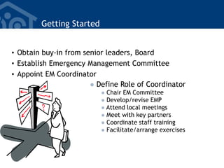Getting Started
• Obtain buy-in from senior leaders, Board
• Establish Emergency Management Committee
• Appoint EM Coordinator
 Define Role of Coordinator
 Chair EM Committee
 Develop/revise EMP
 Attend local meetings
 Meet with key partners
 Coordinate staff training
 Facilitate/arrange exercises
 