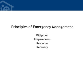 Principles of Emergency Management
Mitigation
Preparedness
Response
Recovery
 