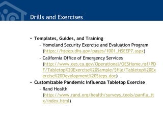 Drills and Exercises
• Templates, Guides, and Training
– Homeland Security Exercise and Evaluation Program
(https://hseep.dhs.gov/pages/1001_HSEEP7.aspx)
– California Office of Emergency Services
(http://www.oes.ca.gov/Operational/OESHome.nsf/PD
F/Tabletop%20Exercise%20Sample/$file/Tabletop%20Ex
ercise%20Development%20Steps.doc)
• Customizable Pandemic Influenza Tabletop Exercise
– Rand Health
(http://www.rand.org/health/surveys_tools/panflu_tt
x/index.html)
 
