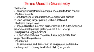Nucleation
– Individual ions/atoms/molecules coalesce to form “nuclei”
• Particle Growth
– Condensation of ions/atoms/molecules with existing
“nuclei” forming larger particles which settle out
• Colloidal Suspension
– Colloidal particles remain suspended due to adsorbed ions
around a small particle yielding a net + or - charge
• Coagulation, agglomeration
– Suspended particles coalesce (lump together) to form
larger filterable particles
• Peptization
– Re-dissolution and dispersion of coagulated colloids by
washing and removing inert electrolyte (not good)
Terms Used In Gravimetry
 