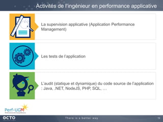 13
Activités de l’ingénieur en performance applicative
L’audit (statique et dynamique) du code source de l’application
: Java, .NET, NodeJS, PHP, SQL, …
Les tests de l’application
La supervision applicative (Application Performance
Management)
 
