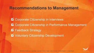 Recommendations to Management 
Corporate Citizenship in Interviews 
Corporate Citizenship in Performance Management 
Feedback Strategy 
Voluntary Citizenship Development 
 
