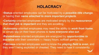 HOLACRACY 
•Status-oriented employees can be motivated by a possible title change, 
or having their name attached to more important projects. 
•Certainty-oriented employees are motivated simply by the reassurance 
that their job is important and they are excelling. 
•Autonomy-oriented employees may need the ability to work from home, 
or simply slip on their head phones to tune everyone else out. 
•Relatedness-oriented employees are energized by opportunities to 
socialize with their coworkers — happy hours, softball games, etc. 
•Fairness-oriented employees want to know the playing field is even, and 
they aren’t being exploited or cheated. They need to hear it consistently. 
 