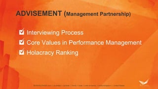 ADVISEMENT (Management Partnership) 
Interviewing Process 
Core Values in Performance Management 
Holacracy Ranking 
 