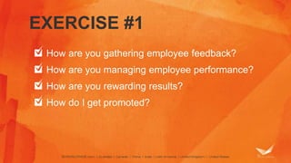 EXERCISE #1 
How are you gathering employee feedback? 
How are you managing employee performance? 
How are you rewarding results? 
How do I get promoted? 
 