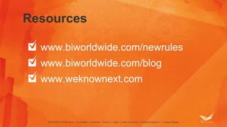 Resources
www.biworldwide.com/newrules
www.biworldwide.com/blog
www.weknownext.com
 