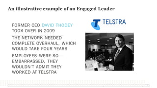 12
FORMER CEO DAVID THODEY
TOOK OVER IN 2009
THE NETWORK NEEDED
COMPLETE OVERHAUL, WHICH
WOULD TAKE FOUR YEARS
EMPLOYEES WERE SO
EMBARRASSED, THEY
WOULDN’T ADMIT THEY
WORKED AT TELSTRA
An illustrative example of an Engaged Leader
 