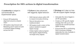9
Prescription for HR’s actions in digital transformation
If Leadership is lodged in
Conventionalist &
Experimenter space:
• Ensure HR leadership
alignment around a shared
vision
• HR leaders step forward with
Marketing and IT peers to build
a coherent digital strategy
across the firm
If Culture is less advanced,
with laggardly digital behavior:
• Shift internal culture within HR
to reward innovative thinking
• Recruit disruptive non-
traditional talent
• HR leaders build a vision of the
culture needed to support
digital change
• Initiate digital culture program
that ingrains digital thinking,
not bright shiny objects
If Strategy isn’t clear on how
HR will support digital change:
• Articulate the role of digital in
all HR specialties
• Create an HR specific digital
strategy that rolls up to and
supports the overall business’
digital strategy
• Ensure that HR is contributing
fully to business strategy,
especially the role of people in
digital transformation
 