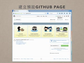 使⽤用學校信箱申請 
GITHUB EDU 
• 使⽤用 s1030560XX@mail.nchu.edu.tw 
• 到 http://github.com/edu 
• 還有 Student Developer Pack 可申請 
 