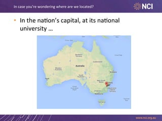 In	
  case	
  you’re	
  wondering	
  where	
  are	
  we	
  located?	
  

•  In	
  the	
  na.on’s	
  capital,	
  at	
  its	
  na.onal	
  
university	
  …	
  

 