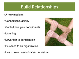 Build Relationships <ul><li>A new medium </li></ul><ul><li>Connections, affinity </li></ul><ul><li>Get to know your consti...