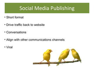 Social Media Publishing <ul><li>Short format </li></ul><ul><li>Drive traffic back to website </li></ul><ul><li>Conversatio...