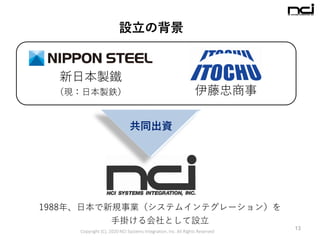 Copyright (C), 2020 NCI Systems Integration, Inc. All Rights Reserved
13
設立の背景
新日本製鐵
（現：日本製鉄）
共同出資
1988年、日本で新規事業（システムインテグレ...