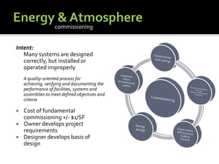 Energy & AtmosphereIntent:	Many systems are designed correctly, but installed or operated improperlyA quality-oriented process for achieving, verifying and documenting the performance of facilities, systems and assemblies to meet defined objectives and criteriaCost of fundamental commissioning +/- $1/SFOwner develops project requirementsDesigner develops basis of designcommissioning