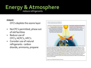 Energy & AtmosphereIntent:	CFC’s deplete the ozone layerNo CFC’s permitted, phase out of old facilitiesReduce use of CFC’s, HCFC’s, HFC’sConsider use of natural refrigerants:  carbon dioxide, ammonia, propanereduce refrigerants