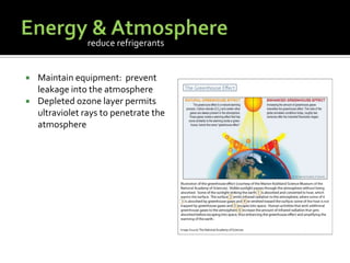 Energy & AtmosphereMaintain equipment:  prevent leakage into the atmosphereDepleted ozone layer permits ultraviolet rays to penetrate the atmospherereduce refrigerants
