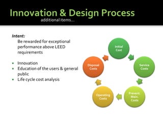 Innovation & Design ProcessIntent:	Be rewarded for exceptional performance above LEED requirementsInnovationEducation of the users & general publicLife cycle cost analysisadditional items…