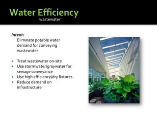 Water EfficiencyIntent:	Eliminate potable water demand for conveying wastewaterTreat wastewater on-siteUse stormwater/graywater for sewage conveyanceUse high efficiency/dry fixturesReduce demand on infrastructurewastewater