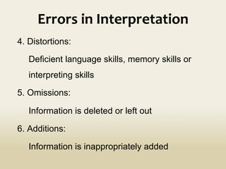 Errors	
  in	
  Interpretation	
  
4. Distortions:
Deficient language skills, memory skills or
interpreting skills
5. Omissions:
Information is deleted or left out
6. Additions:
Information is inappropriately added
 