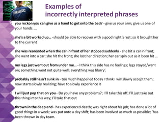 Examples of
incorrectly interpreted phrases
• you reckon you can giveus a hand to getonto the bed? - give us your arm; give us one of
your hands. …
• she’s a bit worked up… -should be able to recover with a good night’srest; so it broughther
to the current
• she was rearendedwhen the car in front of her stopped suddenly - she hit a car in front;
she went into a car; she hit the front; she lost her direction; her car spin out as it been hit …
• my legs just went out from under me… - I think this side has no feelings; legs stayed/went
on; something went not quite well; everything was blurry’.
• probably stillhasn’t sunk in - too much happened today I think I will slowly accept them;
now startsslowly realizing; have to slowly experience it
• I will just pop that on you - Do you have any problems?; I'll take this off; I'll just take out
this thing into this way; I'll take that out
• thrown in the deep end - has experienced death; was right about his job; has done a lot of
good things in a week; was put onto a day shift; has been involved as much as possible; ‘has
been thrown in day team.
 