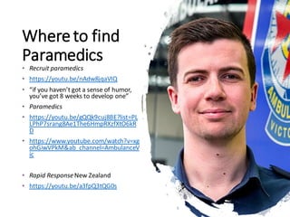 Whereto find
Paramedics
• Recruit paramedics
• https://youtu.be/nAdw8jqaVIQ
• “if you haven’t got a sense of humor,
you’ve got 8 weeks to develop one”
• Paramedics
• https://youtu.be/gQQk9cuj8BE?list=PL
LPhP7srang8Ae1The6HmpRXzfXtO6kR
D
• https://www.youtube.com/watch?v=xg
ohGiwVPkM&ab_channel=AmbulanceV
ic
• Rapid ResponseNew Zealand
• https://youtu.be/a3fpQ3tQG0s
 