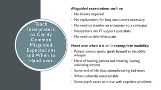 Teach
Interpreters
to Clarify
Common
Misguided
Expectations
and When to
Hand over
Misguided expectations such as:
• No breaks required
• No replacement for long encounters necessary
• No need to transfer an encounter to a colleague
• Interpreters are IT support specialists
• No need to debrief/escalate
Hand over when is it an inappropriate modality:
• Patient cannot speak, speak beyond an inaudible
whisper
• Hard of hearing patient not wearing hearing
aids/using devices
• Some end-of-life discussions/breaking bad news
• When culturally unacceptable
• Some psych cases or those with cognitive problems
 
