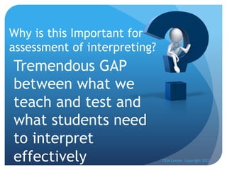 Why is this Important for
assessment of interpreting?
TIEM Center Copyright 2022
Tremendous GAP
between what we
teach and test and
what students need
to interpret
effectively
 