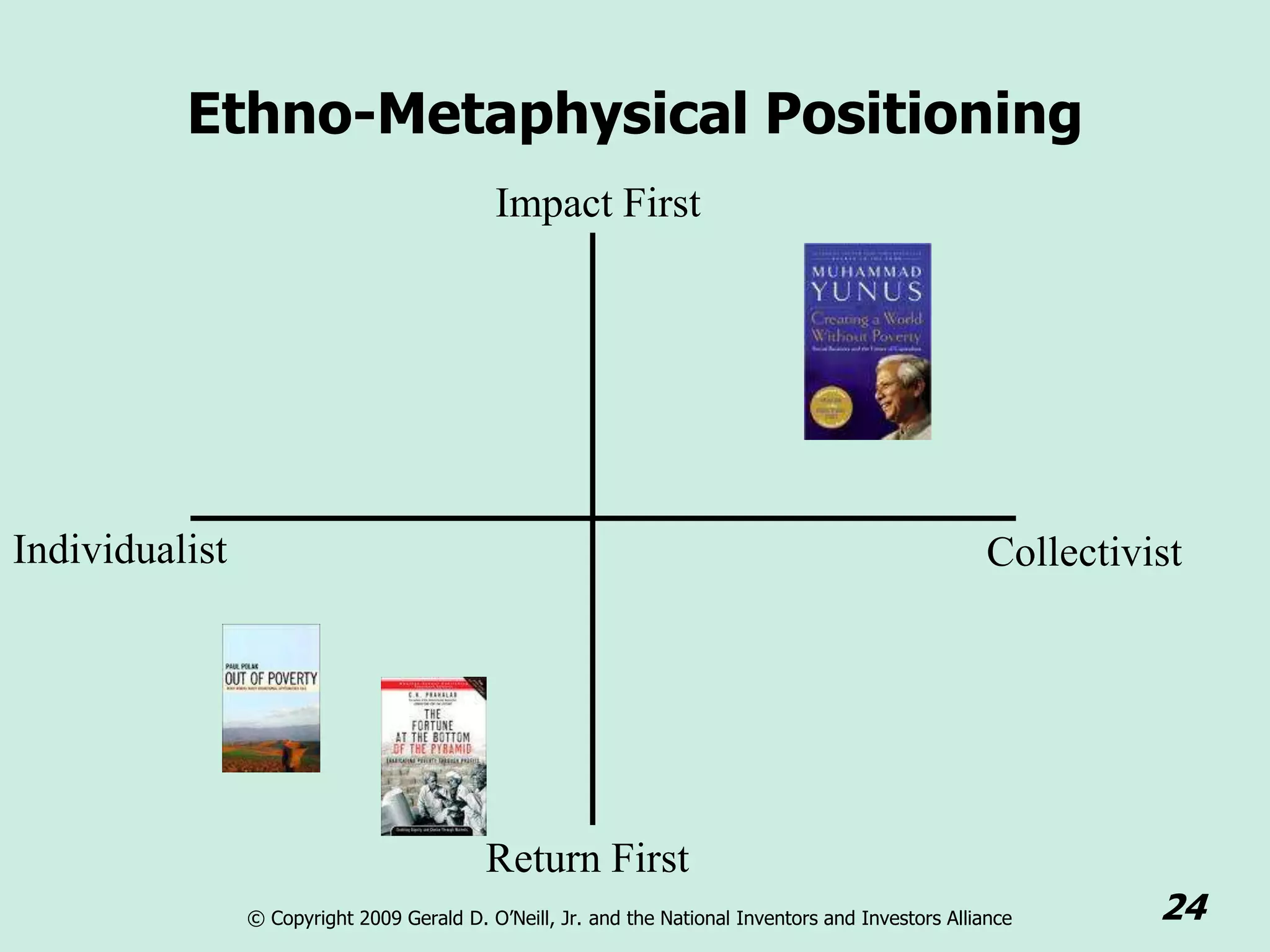Ethno-Metaphysical Positioning
                                            Impact First




Individualist                                                                                         Collectivist




                                           Return First
                © Copyright 2009 Gerald D. O’Neill, Jr. and the National Inventors and Investors Alliance       24
 