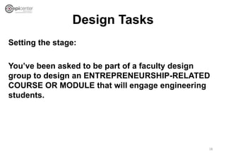 Design Tasks
Setting the stage:
You’ve been asked to be part of a faculty design
group to design an ENTREPRENEURSHIP-RELAT...
