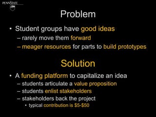 Problem
• Student groups have good ideas
  – rarely move them forward
  – meager resources for parts to build prototypes

                      Solution
• A funding platform to capitalize an idea
  – students articulate a value proposition
  – students enlist stakeholders
  – stakeholders back the project
     • typical contribution is $5-$50
 