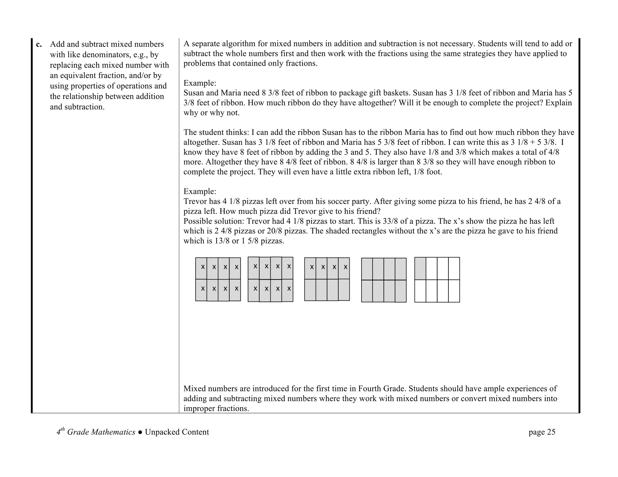 c. Add and subtract mixed numbers       A separate algorithm for mixed numbers in addition and subtraction is not necessary. Students will tend to add or
   with like denominators, e.g., by     subtract the whole numbers first and then work with the fractions using the same strategies they have applied to
   replacing each mixed number with     problems that contained only fractions.
   an equivalent fraction, and/or by
   using properties of operations and   Example:
   the relationship between addition    Susan and Maria need 8 3/8 feet of ribbon to package gift baskets. Susan has 3 1/8 feet of ribbon and Maria has 5
   and subtraction.                     3/8 feet of ribbon. How much ribbon do they have altogether? Will it be enough to complete the project? Explain
                                        why or why not.

                                        The student thinks: I can add the ribbon Susan has to the ribbon Maria has to find out how much ribbon they have
                                        altogether. Susan has 3 1/8 feet of ribbon and Maria has 5 3/8 feet of ribbon. I can write this as 3 1/8 + 5 3/8. I
                                        know they have 8 feet of ribbon by adding the 3 and 5. They also have 1/8 and 3/8 which makes a total of 4/8
                                        more. Altogether they have 8 4/8 feet of ribbon. 8 4/8 is larger than 8 3/8 so they will have enough ribbon to
                                        complete the project. They will even have a little extra ribbon left, 1/8 foot.

                                        Example:
                                        Trevor has 4 1/8 pizzas left over from his soccer party. After giving some pizza to his friend, he has 2 4/8 of a
                                        pizza left. How much pizza did Trevor give to his friend?
                                        Possible solution: Trevor had 4 1/8 pizzas to start. This is 33/8 of a pizza. The x’s show the pizza he has left
                                        which is 2 4/8 pizzas or 20/8 pizzas. The shaded rectangles without the x’s are the pizza he gave to his friend
                                        which is 13/8 or 1 5/8 pizzas.


                                             x	
   x	
   x	
   x	
     x	
   x	
   x	
   x	
     x	
   x	
   x	
   x	
  

                                             x	
   x	
   x	
   x	
     x	
   x	
   x	
   x	
  




                                        Mixed numbers are introduced for the first time in Fourth Grade. Students should have ample experiences of
                                        adding and subtracting mixed numbers where they work with mixed numbers or convert mixed numbers into
                                        improper fractions.

     4th Grade Mathematics ● Unpacked Content                                                                                                  page 25	
  
 