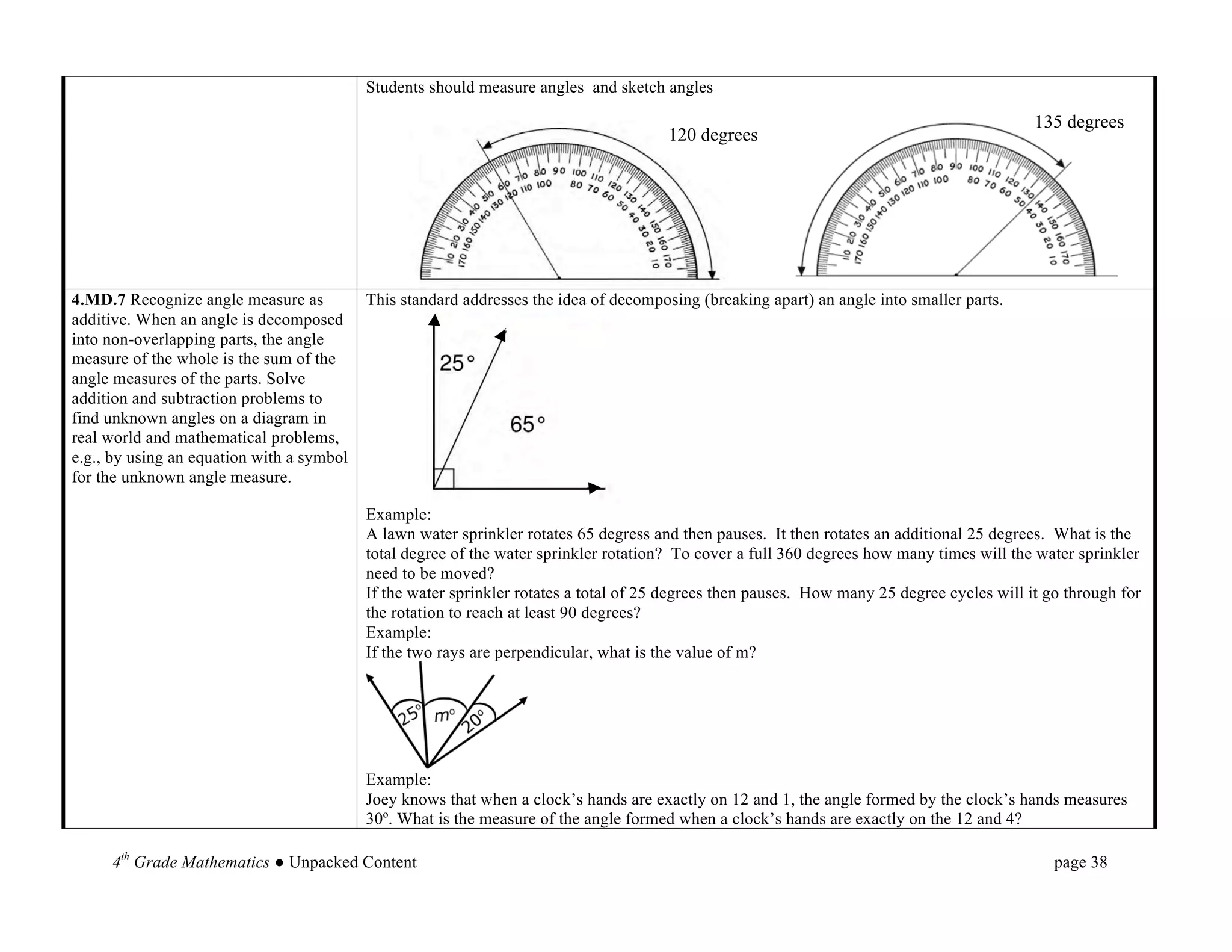 Students should measure angles and sketch angles

                                                                                                                                             135 degrees
                                                                                       120 degrees




                                                                                                     	
  	
  	
  	
  	
  	
                                   	
  	
  	
  	
  	
  	
  
4.MD.7 Recognize angle measure as          This standard addresses the idea of decomposing (breaking apart) an angle into smaller parts.
additive. When an angle is decomposed
into non-overlapping parts, the angle
measure of the whole is the sum of the
angle measures of the parts. Solve
addition and subtraction problems to
find unknown angles on a diagram in
real world and mathematical problems,
e.g., by using an equation with a symbol
for the unknown angle measure.

                                           Example:
                                           A lawn water sprinkler rotates 65 degress and then pauses. It then rotates an additional 25 degrees. What is the
                                           total degree of the water sprinkler rotation? To cover a full 360 degrees how many times will the water sprinkler
                                           need to be moved?
                                           If the water sprinkler rotates a total of 25 degrees then pauses. How many 25 degree cycles will it go through for
                                           the rotation to reach at least 90 degrees?
                                           Example:
                                           If the two rays are perpendicular, what is the value of m?




                                           Example:
                                           Joey knows that when a clock’s hands are exactly on 12 and 1, the angle formed by the clock’s hands measures
                                           30º. What is the measure of the angle formed when a clock’s hands are exactly on the 12 and 4?

     4th Grade Mathematics ● Unpacked Content                                                                                                   page 38	
  
 