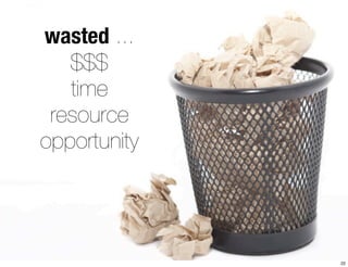 wasted ... 
$$$ 
time 
resource 
opportunity 
22 
 