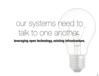our systems need to 
talk to one another. 
leveraging open technology, existing infrastructure. 
28 
 