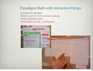 Paradigm Shift with Interaction Design
Everyone is a designer
Iterative curve in every decision making
Focus on human value
Make failure smartly - prototyping




                                           26
 