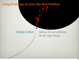 Using Prototype to Solve the Real Problem

                         ? ??
                             ?
                         ?
                         ?
         Design Values   Asking the real problems
                         Do the right things




                                                    38
 