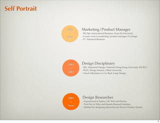 Self Portrait


                1996   Marketing/Product Manager
                 |     - BS, Dpt. International Business, Yuan-Ze University
                       - 4 years work in marketing/product manager/UI design
                2004
                       - IT - Financial Business




                2005   Design Disciplinary
                 |     - MS., Industrial Design, National Cheng Kung University (NCKU)
                       - Ph.D., Design Science, Chiba University
                2007   - Visual Affordance in Car Back Lamp Design




                2007   Design Researcher
                 |     - Experienced in Fujitsu, GK Tech and Dentsu
                       - Post-Doc in Nifty and Quanta Research Institute
                Now
                       - Method for designing interaction for Service Product System




                                                                                         5
 