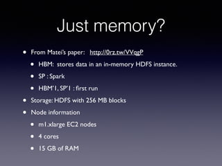 Just memory?
• From Matei’s paper: http://0rz.tw/VVqgP	

• HBM: stores data in an in-memory HDFS instance. 	

• SP : Spark 	

• HBM’1, SP’1 : ﬁrst run	

• Storage: HDFS with 256 MB blocks 	

• Node information 	

• m1.xlarge EC2 nodes 	

• 4 cores 	

• 15 GB of RAM
 