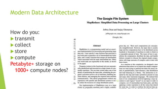 Modern Data Architecture
How do you:
 transmit
 collect
 store
 compute
Petabyte+ storage on
1000+ compute nodes?
12
 