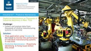 Predictive Maintenance on Thousands of
Industrial Machinery in Real- Time
Challenge:
• Collect and analyze data from
thousands of diverse manufacturing
systems in real-time
Solution:
• iTrak application using Cloudera in
the Cloud to monitor the performance
of individual manufacturing systems
in real-time
• Predictive Maintenance - Proactively
identifying & fixing issues before
they break
MANUFACTURING
» INDUSTRIAL IoT
» PREDICTIVE MAINTENANCE
» IMPROVED EFFICIENCIES
Industrial IoT – Predictive Maintenance
DATA-DRIVEN
PROCESS
CASE STUDY
DATA-DRIVEN
PRODUCTS
 