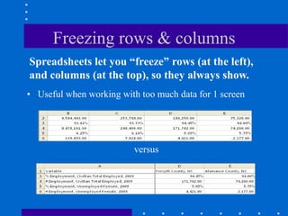 Freezing rows & columns
Spreadsheets let you “freeze” rows (at the left),
and columns (at the top), so they always show.
• Useful when working with too much data for 1 screen




                          versus
 