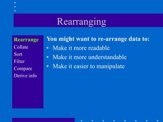 Rearranging
Rearrange     You might want to re-arrange data to:
Collate       • Make it more readable
Sort
              • Make it more understandable
Filter
Compare       • Make it easier to manipulate
Derive info
 