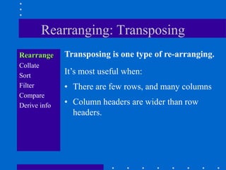 Rearranging: Transposing
Rearrange     Transposing is one type of re-arranging.
Collate
Sort
              It‟s most useful when:
Filter        • There are few rows, and many columns
Compare
Derive info   • Column headers are wider than row
                headers.
 