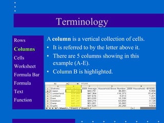 Terminology
Rows          A column is a vertical collection of cells.
Columns       • It is referred to by the letter above it.
Cells         • There are 5 columns showing in this
Worksheet
                example (A-E).
Formula Bar
              • Column B is highlighted.
Formula
Text
Function
 